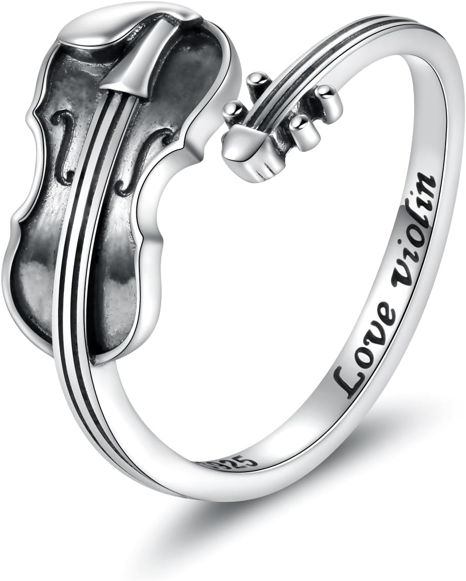 925 Sterling Silver Violin Ring Adjustable Violin Jewelry Gifts for Women Violinist