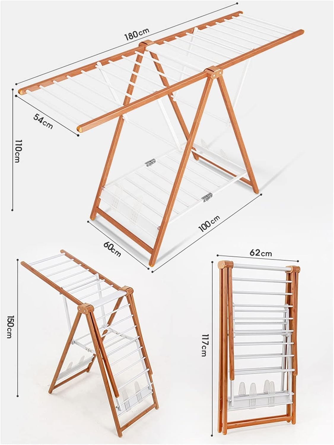 Collapsible Clothes Drying Rack Nordic Modern Minimalist Aluminum Alloy 2-Layer Rack, Floor-to-Ceiling Foldable Wing-Shaped Wood Grain Laundry,OneColor-1.8m