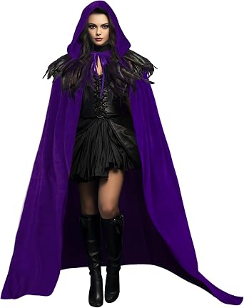 HOMELEX Unisex Solid Velvet Adult Full Length Hooded Robe Cape with Classic Gothic Feather Cloak Suit