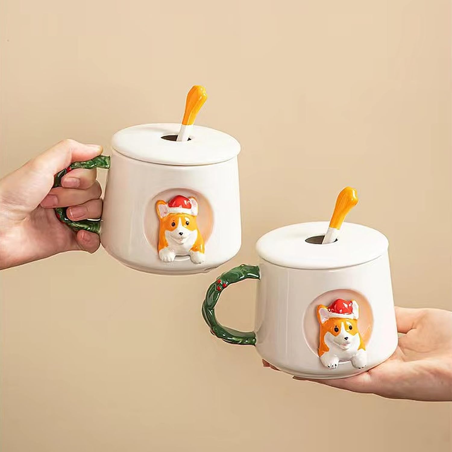 Cute Dog Couple Cup, Ceramic Coffee Mug with a Lid, Family Cup, Office Cup, Concave wood grain pattern handle, Cute Shiba Lnu Three-dimensional Design, with Matte Texture(420ML) (White Hat)