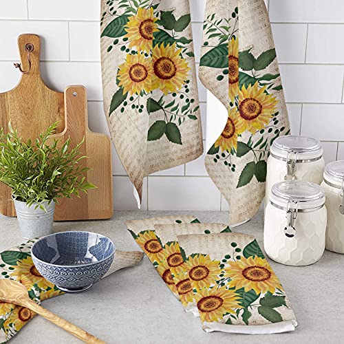 Museday Kitchen Towels Dishcloths Set Of 2, Blooming Sunflower Summer Fresh Flower Vintage Newspaper Absorbent Dish Towels Dish Cloths For Drying Kitchen Hand Towels Decorative Tea Towels #TOP2