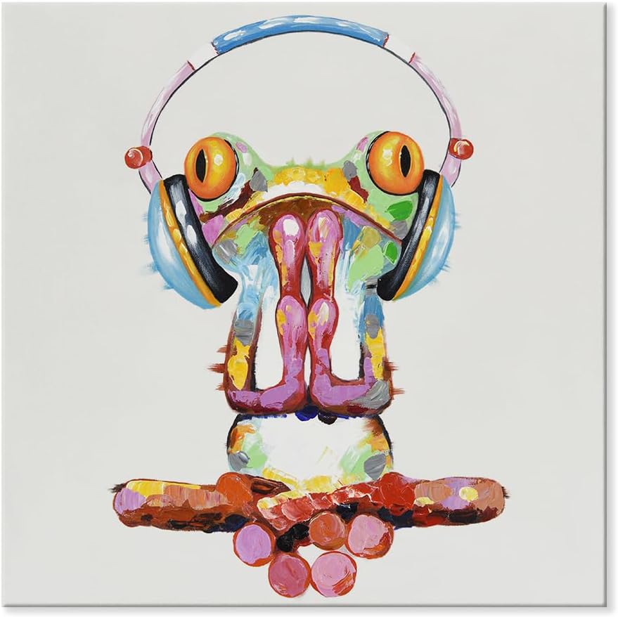 JAPO ART Frog Doing Yoga and Listening to Music Funny Animal Canvas Wall Art Meditate 100% Hand Painted Frog Painting Poster for Kidroom Bedroom Living Room Ready to Hang 24x24Inch Frogs Are Doing Yoga 24"L x 24"W