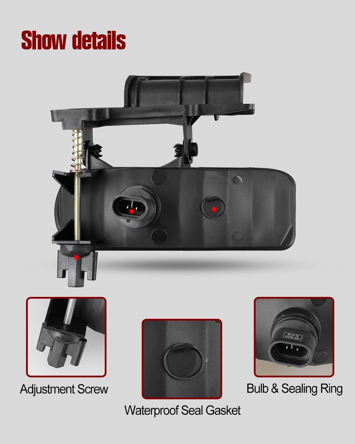 Close-up view of the back of the fog light showing the adjustment screw, waterproof seal gasket, and bulb/sealing ring