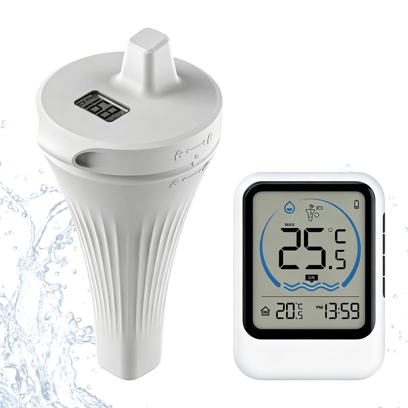 Pool Thermometer Funk, Poolthermometer Digital Funk, Schwimmendes Pool Thermometer mit IP68 Wasserdicht, Basisstation für Innenraum mit Temperatur & Uhrzeit, mit Außensensor, für Pool Teich Whirlpool