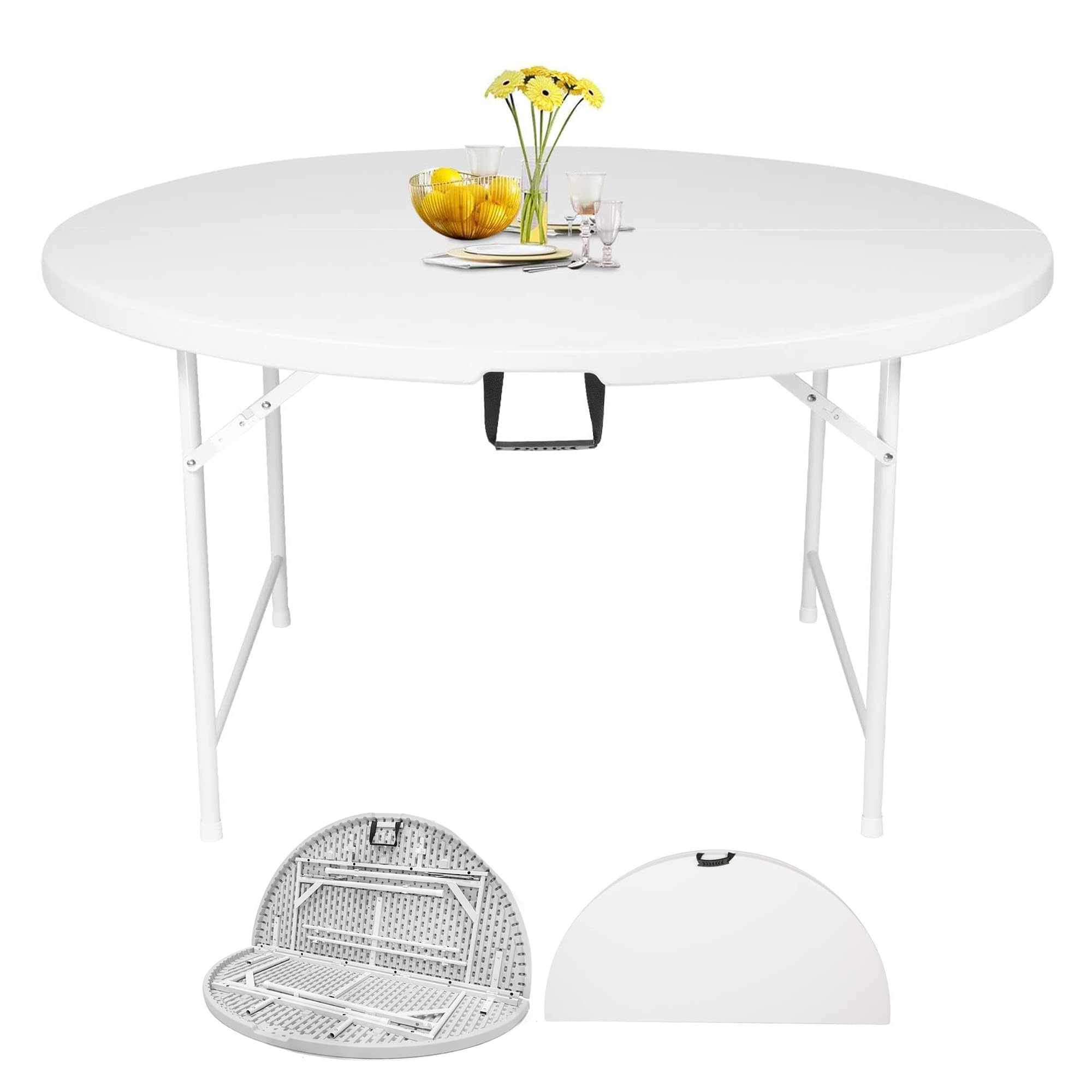 4 FT Round Folding Table, 48” Dia Portable Plastic Table for 4 to 6 Seat, Party Banquet Table for Conference Card Camper Wedding Dining Outdoor Picnic Family Festival Events,1 Pack White