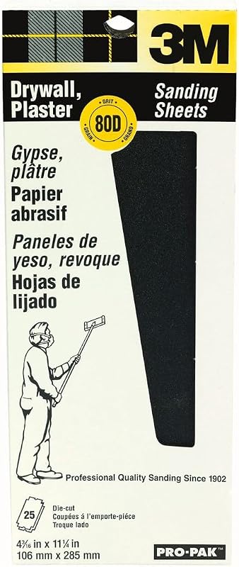 Hojas de lija para paneles de yeso 3M Pro-Pak, grano 80D, 4,1875 x 11,25 pulgadas, paquete de 25