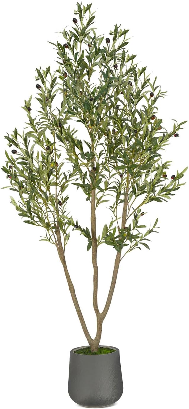 Artificial Olive Tree, 6FT Tall Faux Olive Tree with Gray Planter, Artificial Plants with Natural Wood Trunk and Lifelike Fruits for Home Office Decor