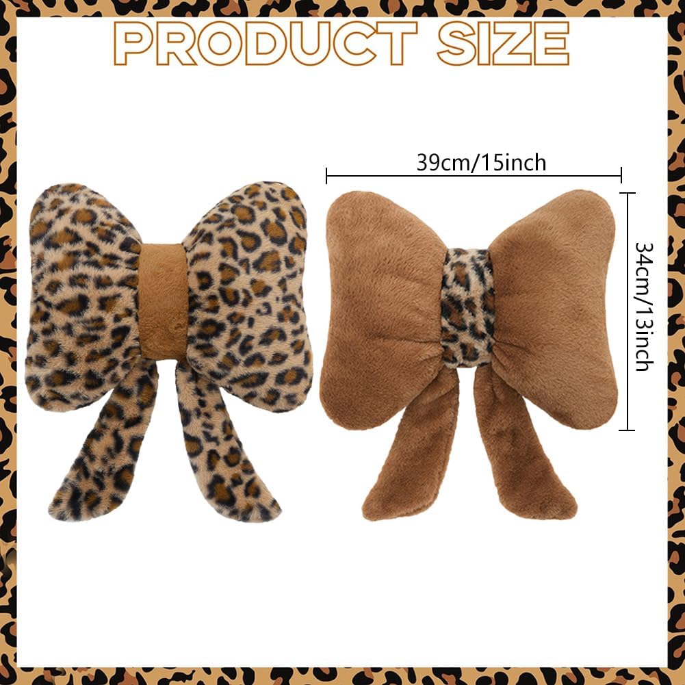 2 Pcs Cute Leopards Print Plush Pillow Furry Flower Throw Pillows Cheetah Bow Home Decorative Pillow for Bed Couch Living Room Decor (Leopard Flower+ Leopard Bow)