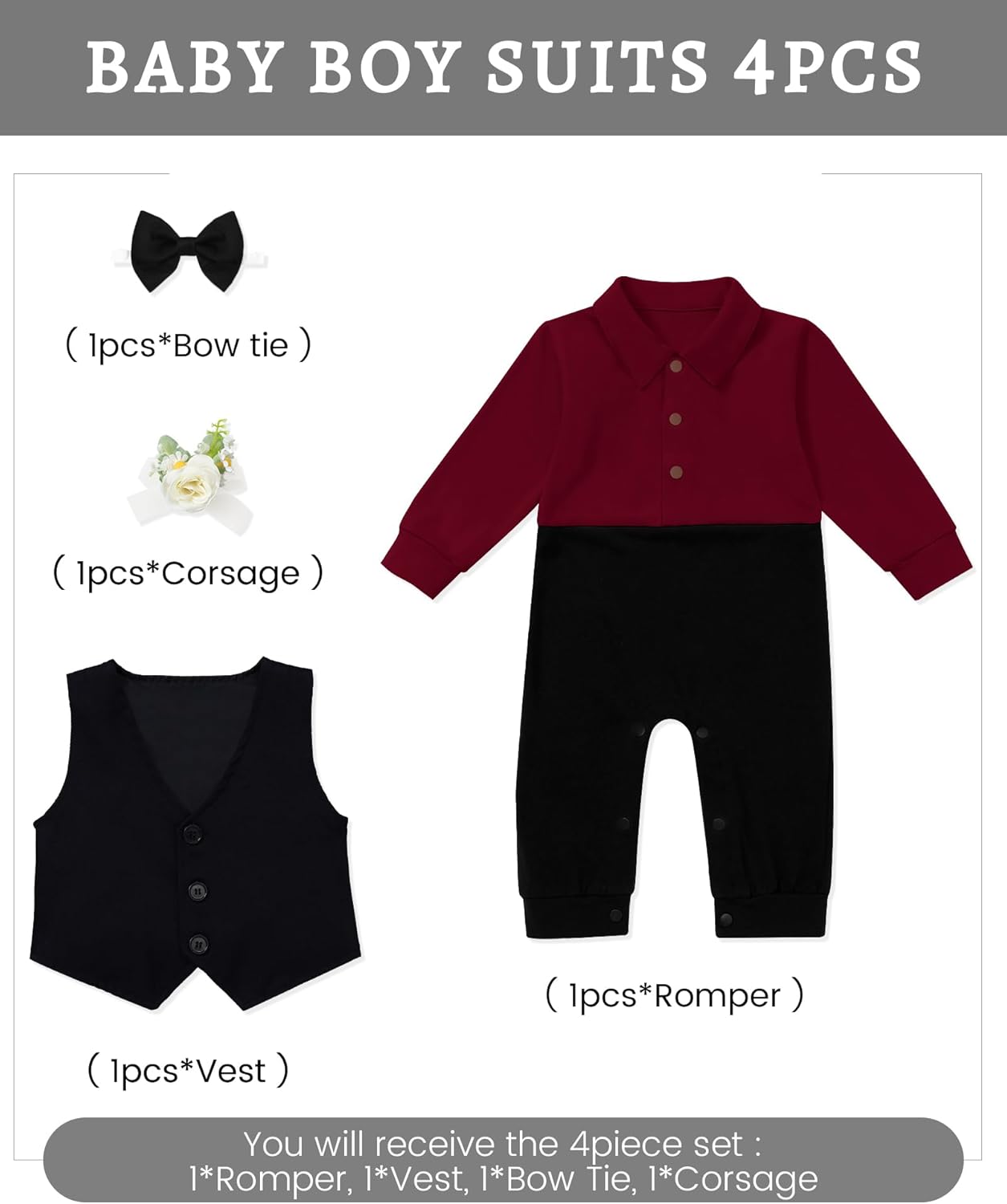 Baby Boy Suit Gentleman Clothes Wedding Outfits Formal Jumpsuit Long Sleeve Romper+Vest 0-24M - Image 4