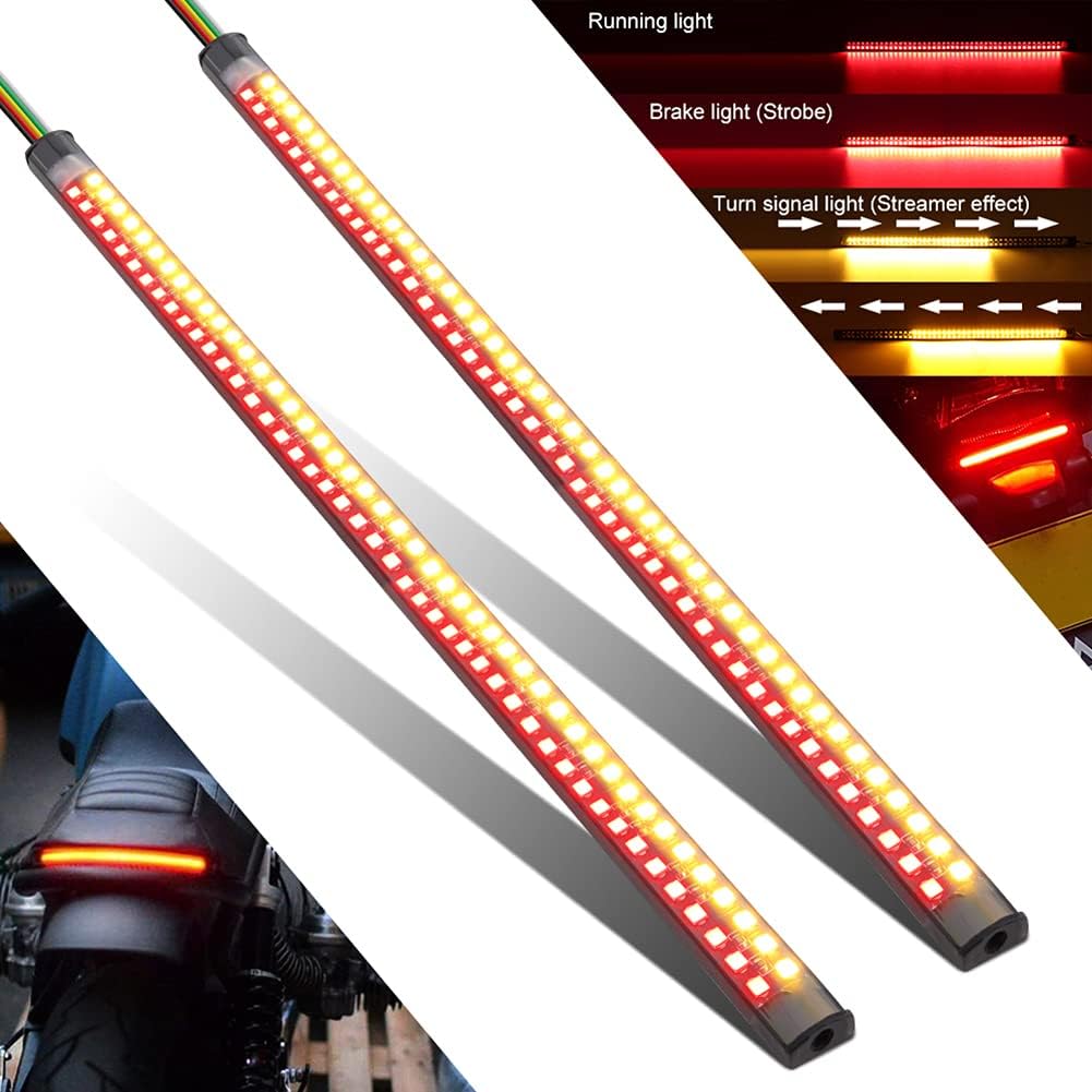 2Pcs 11.8 inch Motorcycle LED Tail Light Strips 90 LEDs Red Brake Tail Light Stop Tail Lihgt Amber Turn signal Light Multifunction Waterproof Flextible LED Strips for Motorcycle ATV.