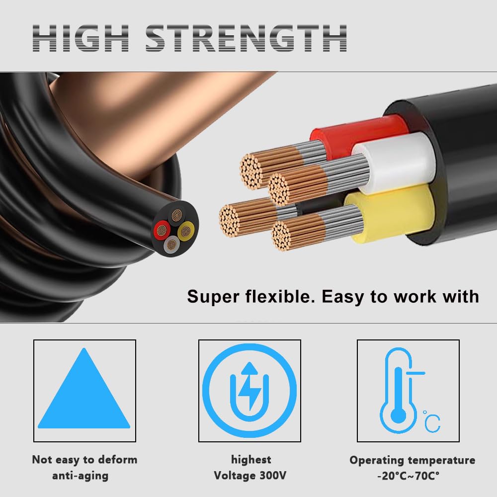 30.48M 18 Calibre 18/4 Cable Eléctrico de 4 Conductores Cable de 4 Núcleos 4x0,8mm² para luz LED, Automotriz, Equipamiento de Embarcaciones