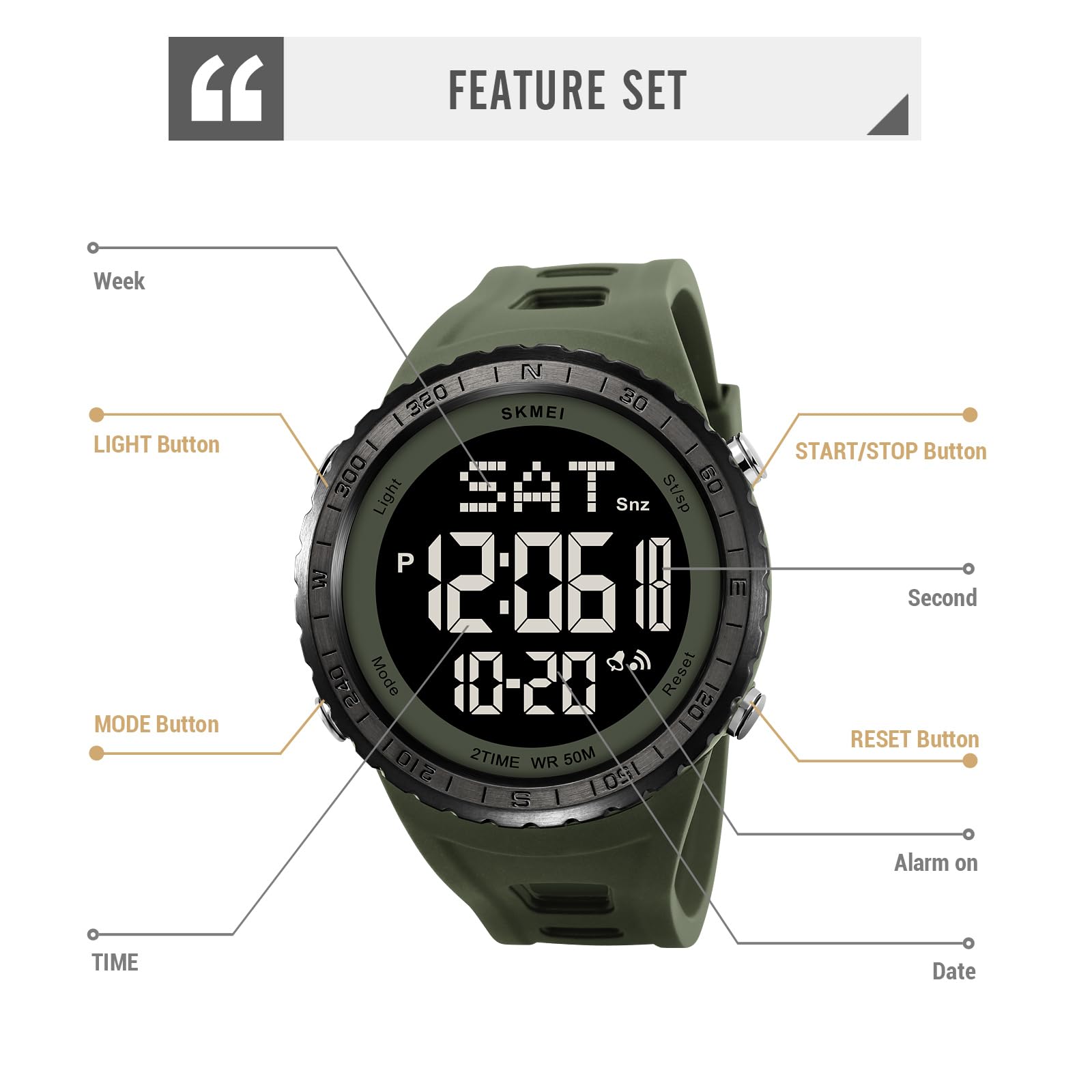 Gosasa Orologio digitale da uomo, con numeri grandi, per sport, attività all'aperto, impermeabile, a LED, multifunzione