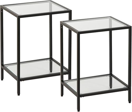 Moderna mesa auxiliar de vidrio templado de 2 niveles, elegante mesa auxiliar de metal negro para espacios pequeños, perfecta para sala de estar y