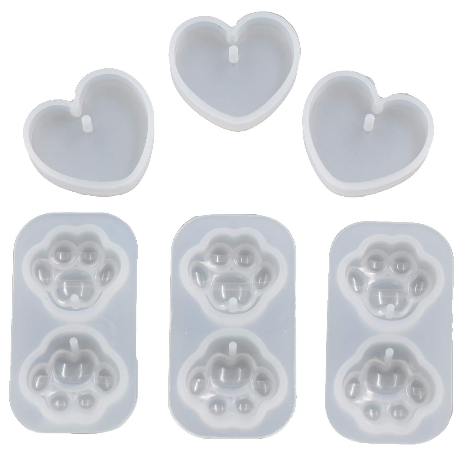 Cat Paw & Heart Epoxy Mold Resin Casting DIY Silicone Mold with Eyelet Keychain Pendant Cute Small Accessories Kit, Pack of 6