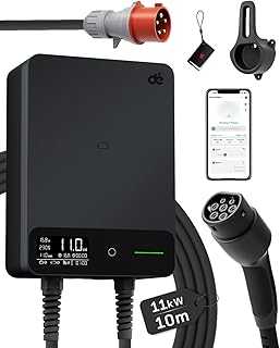 dé Wallbox 11kW mit APP, 10m Typ 2 Ladekabel mit Kabelhalter, 3-Phasen EV-Ladegerät (6-16A, 400V), für BEV/PHEV, RCD Typ-B & IP54-Schutz, effiziente Ladestation für Zuhause, Schwarz