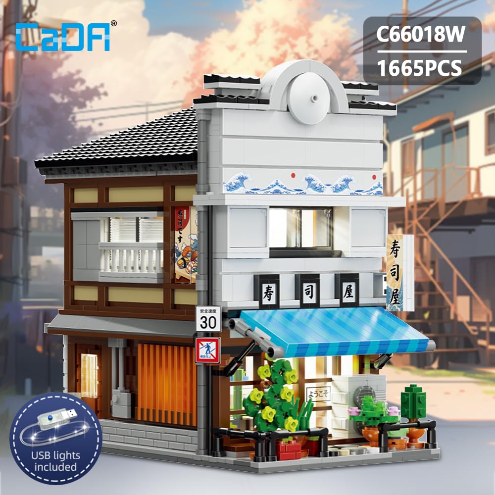 CaDA Master Japanisches Sushi-Haus Bausteinset C66018W Kreativer Stadtbaustein-Bausatz mit Beleuchtung, 1665 Teile Straßenhaus-Idee Geschenk für Erwachsene