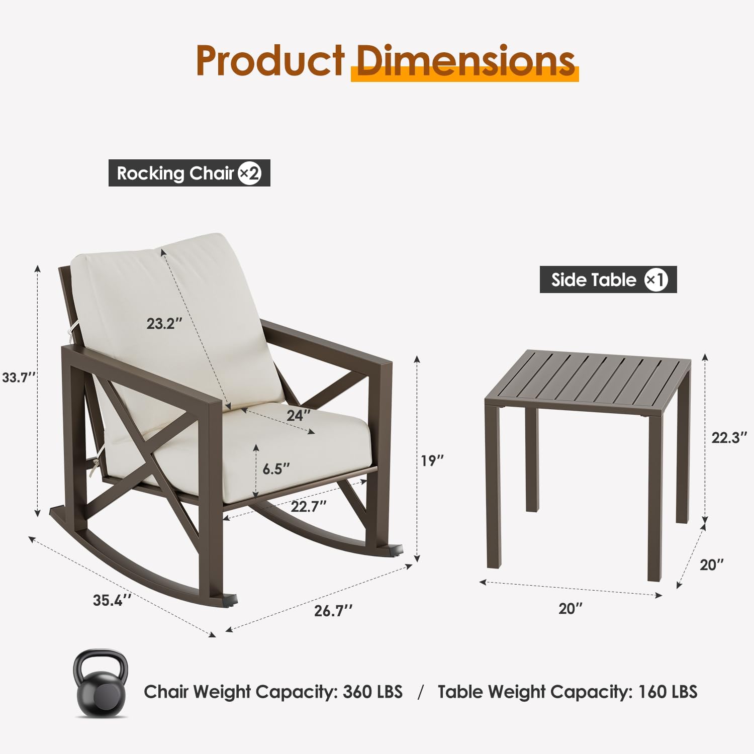 Outdoor Rocking Bistro Set, Patio Rocking Chairs Set of 2 with Coffee Table, 3 Pieces Metal Conversation Sets with 6.5" Thick Cushions for Backyard, Porch, Poolside, Oversized (Beige)