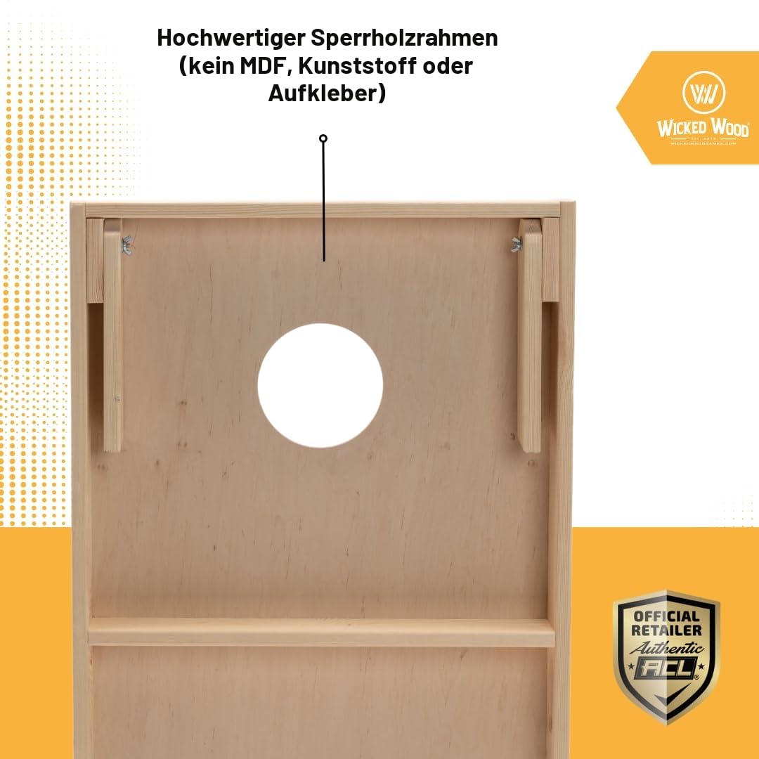 Cornhole Set – 120 x 60 cm - Sackloch Spiel – Wicked Wood – offiziell ACL-lizensiertes Set of Boards – 2 x 4 Cornhole säckchen 450gr - Cornhole Spiel Outdoor