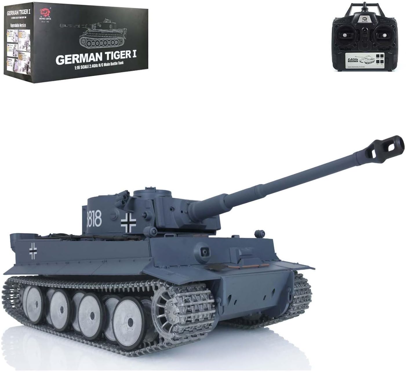 Heng Long US in Stock, RC Tank RTR 3818 1/16 7.0 Upgraded Metal Version German Tiger I Metal Tracks Idler Wheels Smoking Generator Infrared Combat 340° Rotating Turret Shooting Airsoft Tank