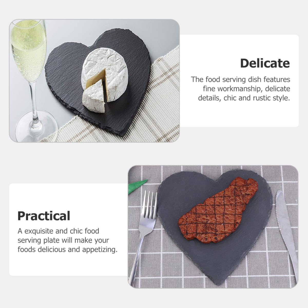 Set 3 Piatti da Dessert Piastra Multiuso per Conservazione Cibo in Ardesia Nero a Forma di Cuore per Casa