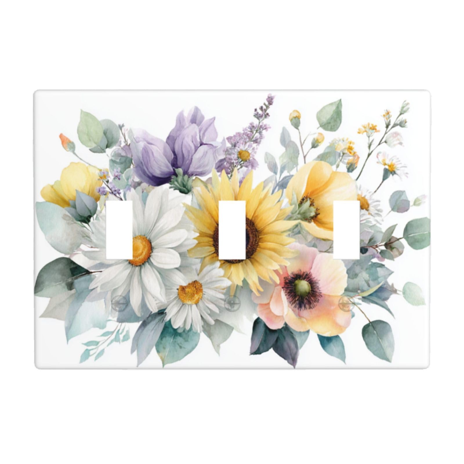 Woshuwo White Watercolor Floral Bouquet Sunflowers Daisies Poppy Light Switch Covers 3 Gang Triple Toggle Wall Plate Switchplate Electrical Faceplate For Bathroom Kitchen Bedroom Decor