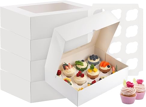 Svalor Cupcake Boxes, 4 Pack Disposable Cupcake Containers, Food Grade Cupcake Carrier 12 Count with Window and Inserts, Cupcake Transport Holders Bulk for Muffins Cookies Treats DessertWhite