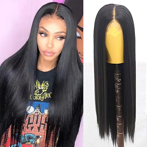 ELESTY 13x6 Synthetic Lace Front Wig Black Long Straight Deep Part Lace Front Wigs for Women Natural Hairline Lace Wig Daily Wigs