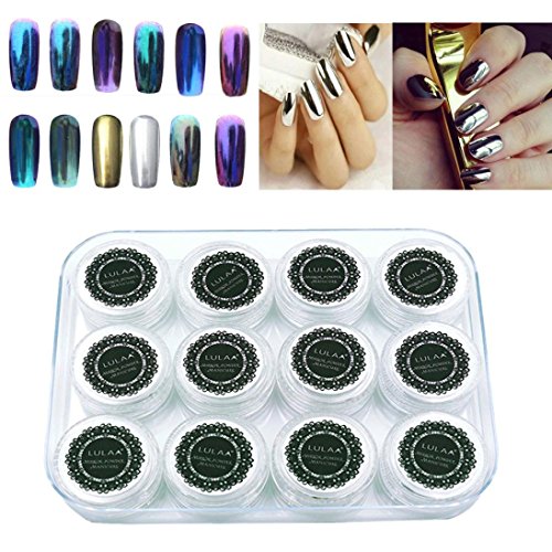LULAA 12 Colors Nail Glitter Powder Shinning Nail Mirror Powder Makeup Art DIY Chrome Pigment With Sponge Stick