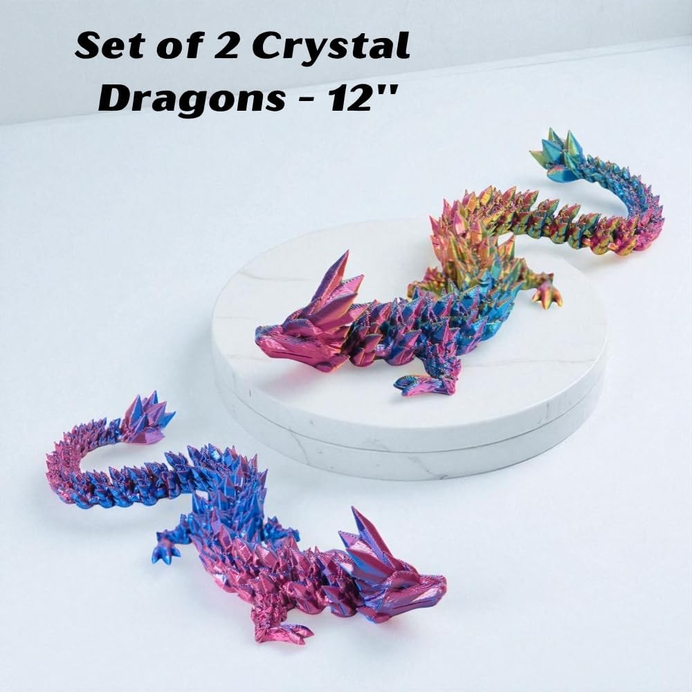 2 Pcs 12" Articulated Dragon Figure – 3D Printed Crystal Design, Fidget Toy, Collectible Display, Fantasy Home & Office Desk Decor (Multicolor - Purple) thumbnail