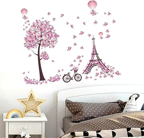 BIBITIME Calcomanía de vinilo con diseño de mariposas rosadas, árbol y bicicleta romántica de la torre Eiffel de París, para decoración de