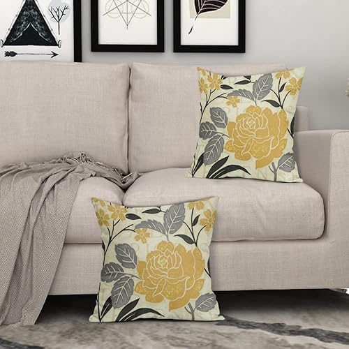 Miniatura 7 de Kawani Juego de 2 fundas de almohada de flores grises y amarillas de 18 x 18 pulgadas, fundas de almohada de color amarillo mostaza, fundas de