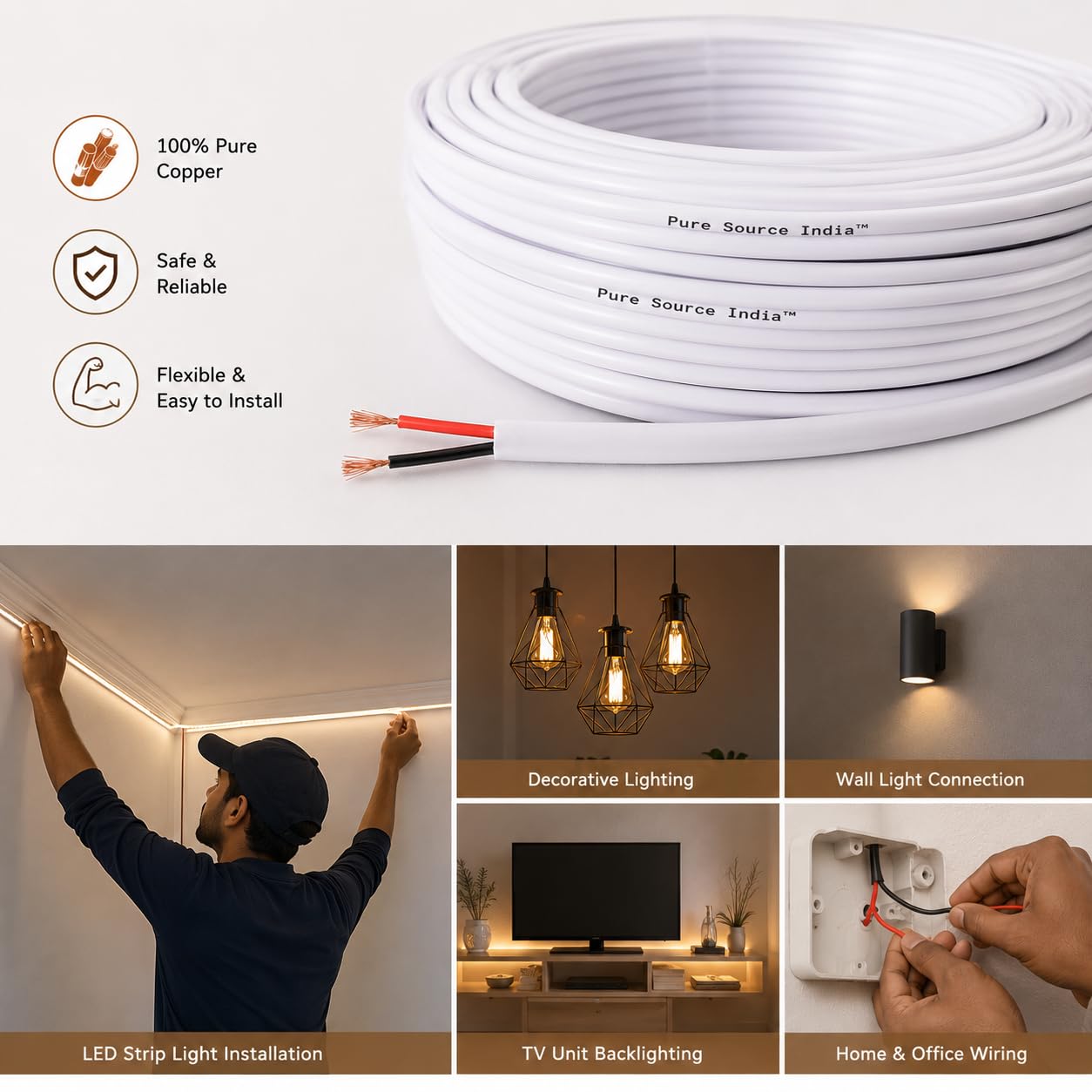 Pure Source India Flexible 0.25mm x 2 Core Round Copper Electrical Wire, Load Capacity- 2 Ampere / 450 Watt (White -15 MTR.) — Amazon image 3