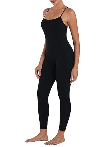 Sunzel Workout Jumpsuits for Women Adjustable Spaghetti Strap Leggings Bodysuit Square Neck Sleeveless One Piece Yoga Unitard - 26" Inseam - Small - Black