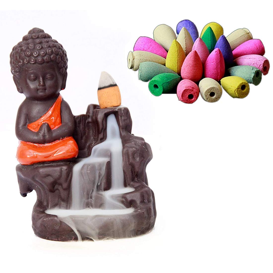 Meditating Old Monk Buddha Backflow Incense Burner for Home Decoration with 10 Free Cones