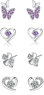 GUROTD 4 Pairs Sterling Silver Stud Earrings for Women Girls 925 Silver Stud Earrings Tiny Flower Heart Butterfly Stud Earrings Hypoallergenic Cubic Zirconia Diamond Stud Earrings Set
