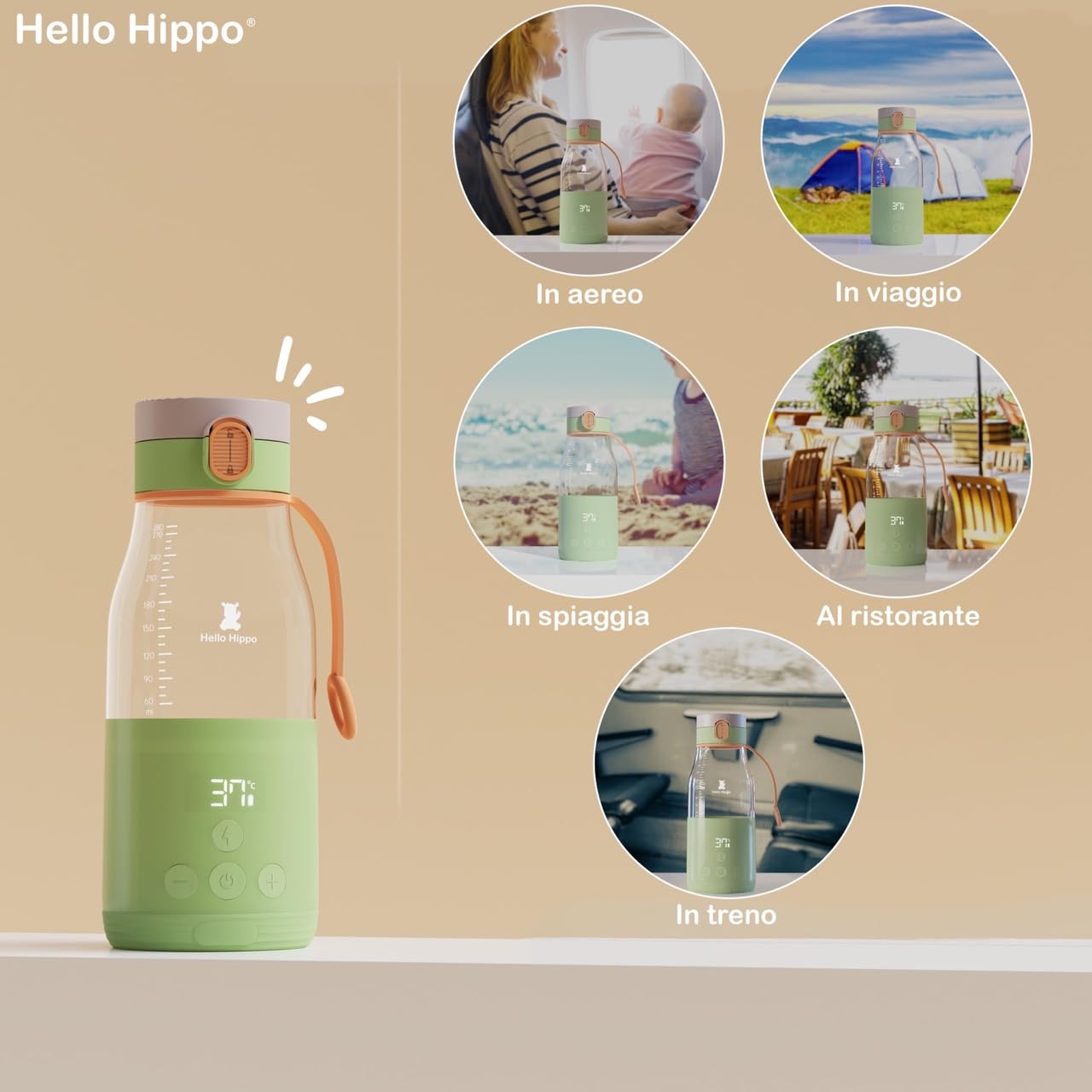 HELLO HIPPO® Premium Scaldabiberon portatile Carica USB - Scaldabiberon nomade per latte e acqua - Capacità 280 ml - incrementi di 30 ml - Temperatura regolabile fino a 50°C - Pratico e leggero