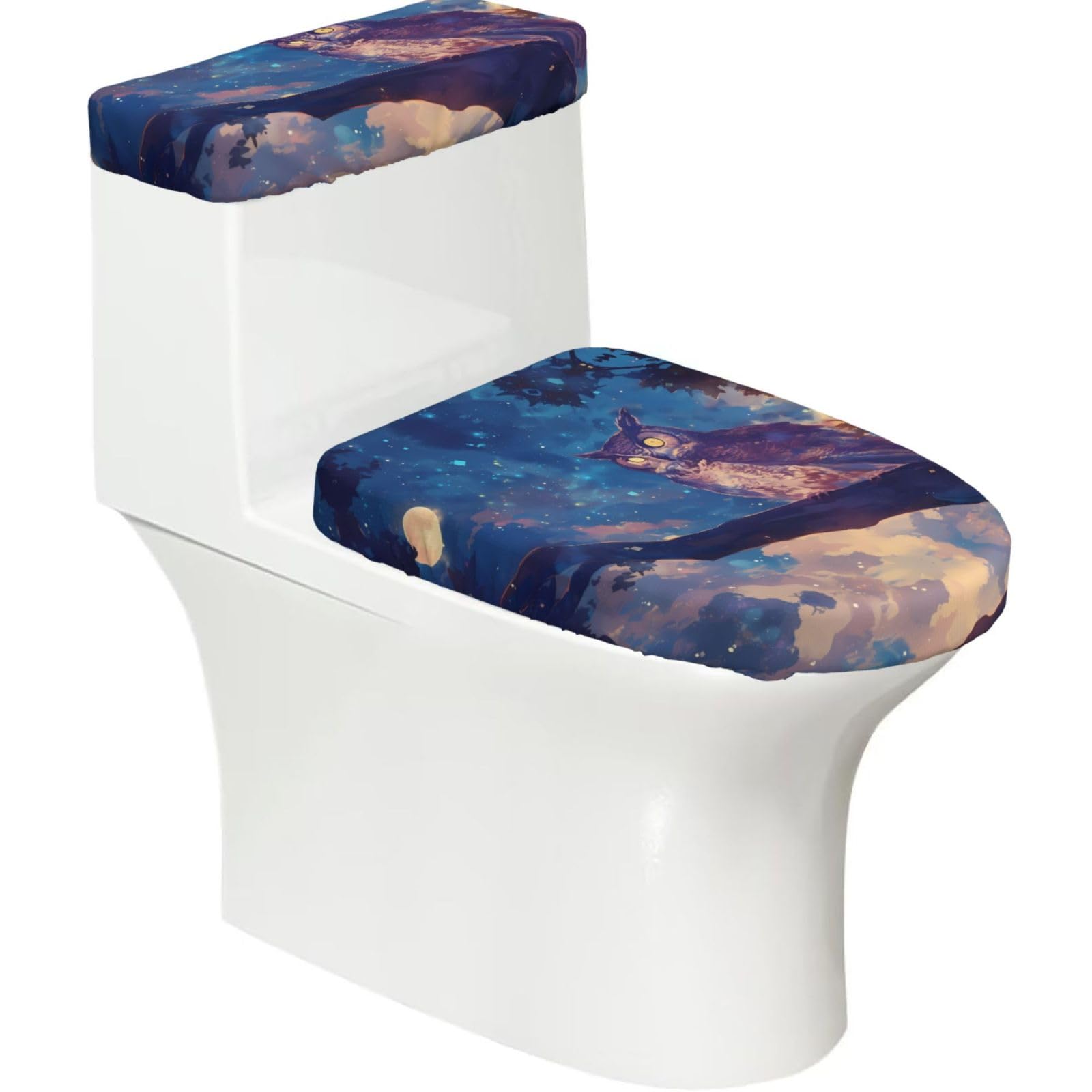 The Moon and the Owl 2-Piece Toilet Seat Cover Set with Tank Lid, Elastic Fit for U-Shape & Elongated Toilets, Bathroom Decor, Housewarming Gift