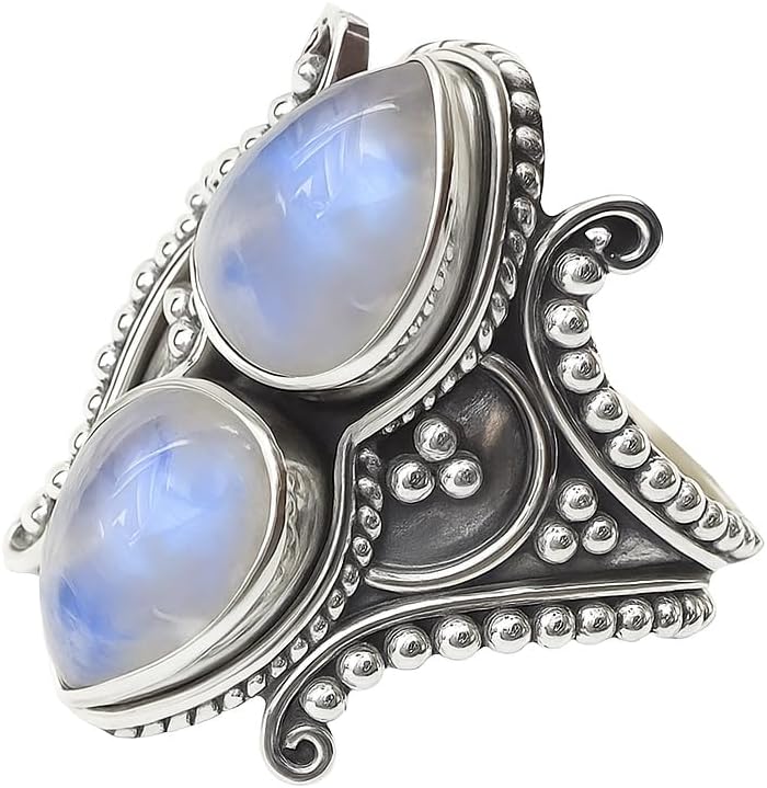 Handmade 925 Sterling Silver Double Pear Cabochon Bohemian Vintage Statement Ring for Women Birthstone Gift Jewelry