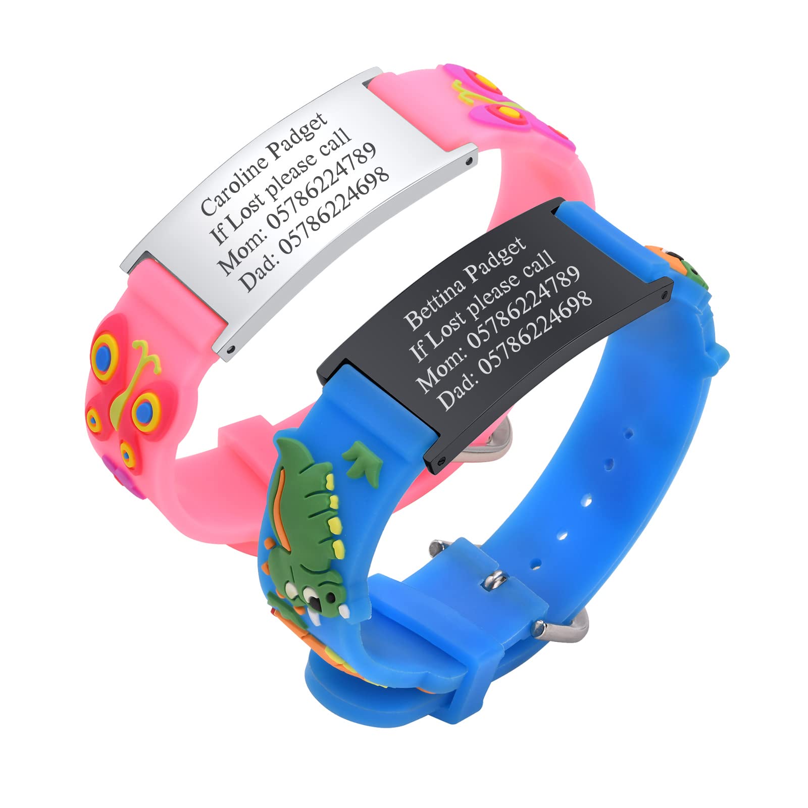 Pack of 2 Assorted Color Personalised Stainless Steel Soft Silicone Child Safety ID Bracelets Adjustable Anti-Lost ID Wristbands for Kid Girls Boys