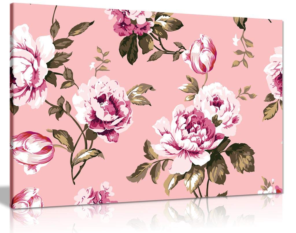 Panther Print White Pink Botanical Roses Shabby Chic Vintage Canvas Wall Art Picture Print (24X16)