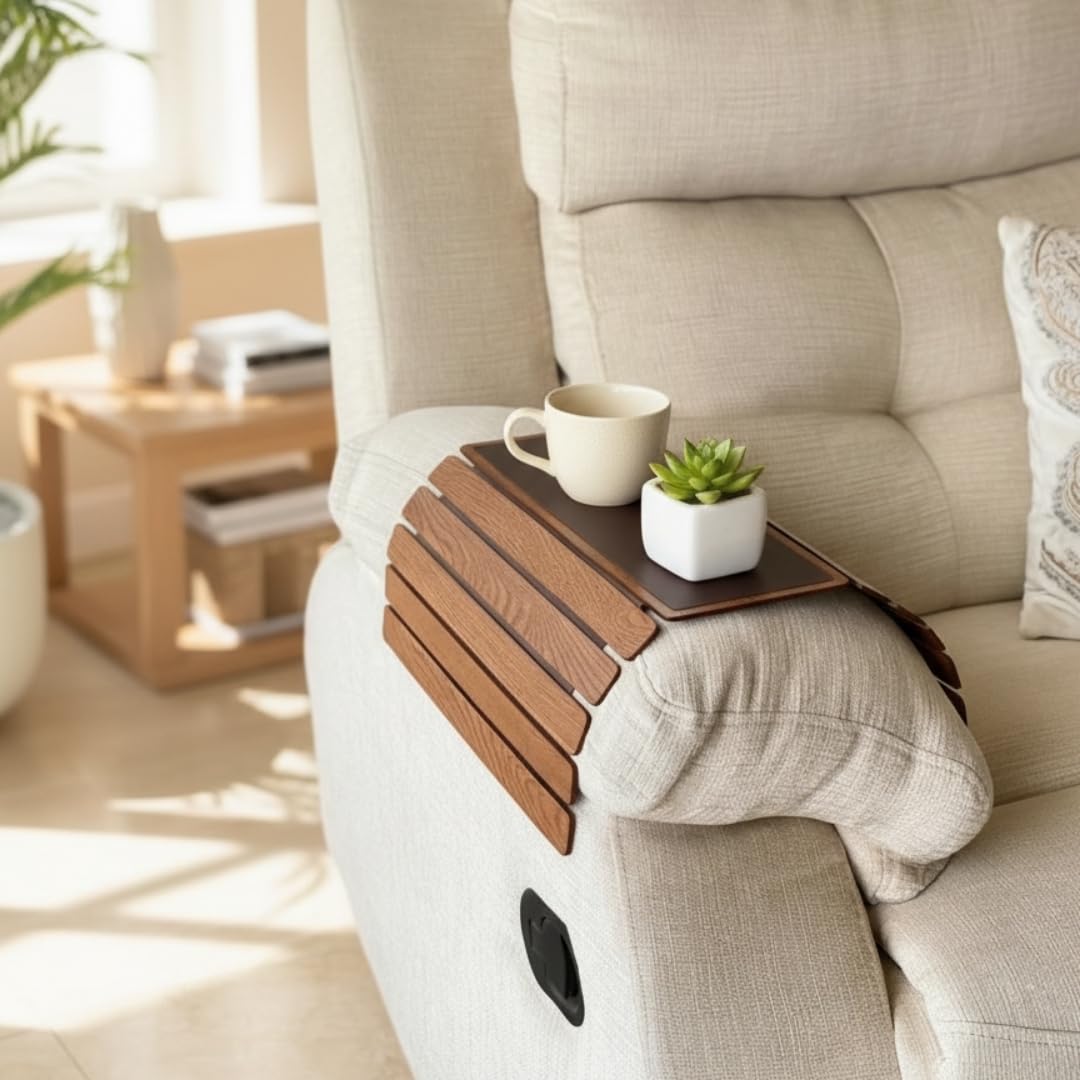 - MASON HOME Elm Sofa Armrest Tray - Brown Full Grain Bamboo Wood with Anti Slip Pad | Dining Tray | Home & Office Décor | Furniture | Serving Platter for Drinks - Appetizer - Snack Bowls