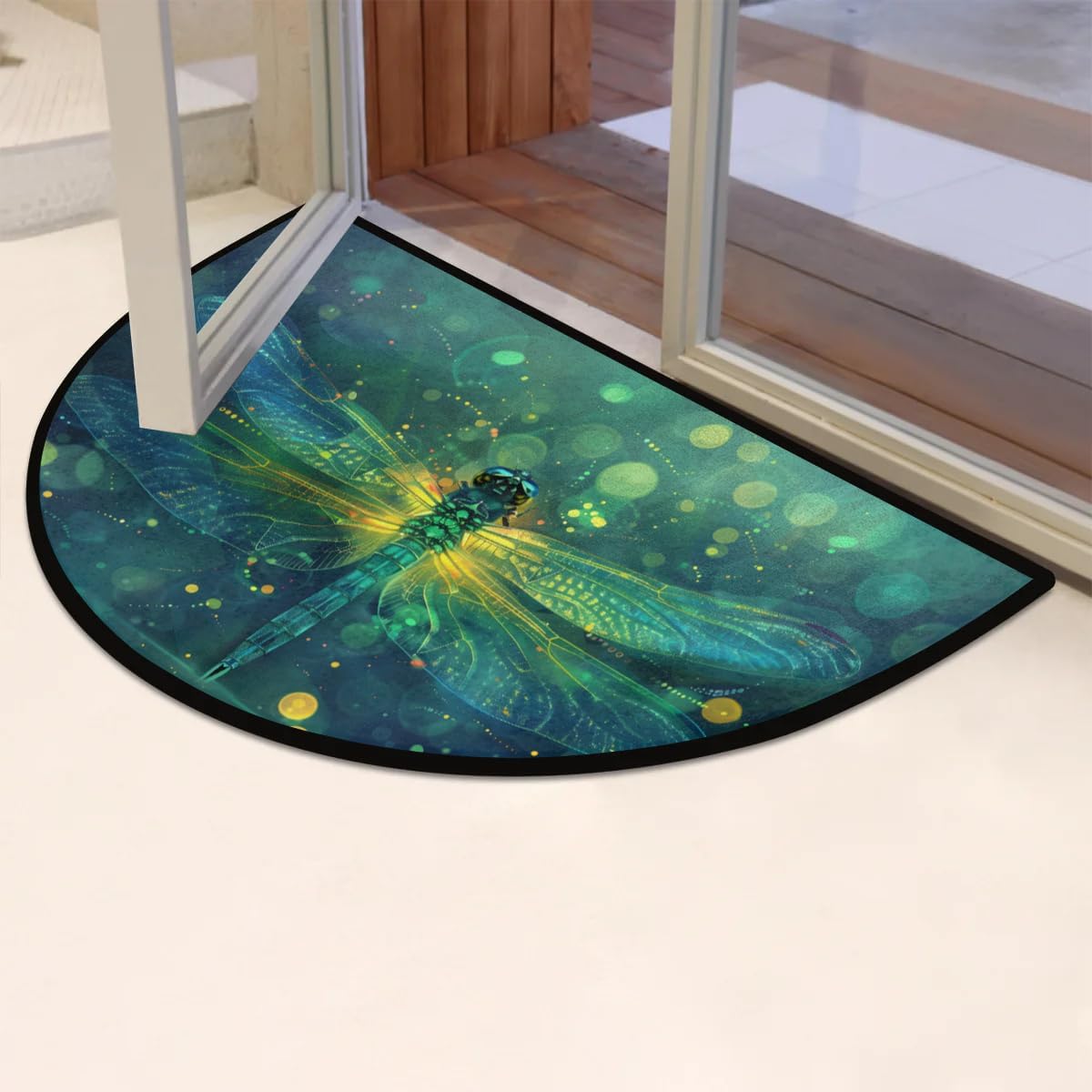 cfpolar Half Round Door Mat Dragonfly Animal Green Non-Slip Semi Circle Area Rug Washable Half Moon Hearth Rugs for Indoor Outdoor Bathroom Kitchen Patio Runner Mat Laundry Room Home Decoration