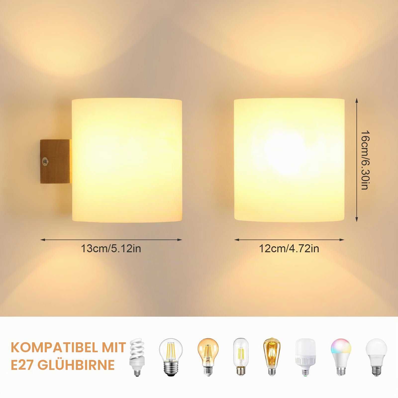 Comely Wandleuchte Innen Holz, 2 StücK E27 Wandlampe mit Glas Lampenschirm