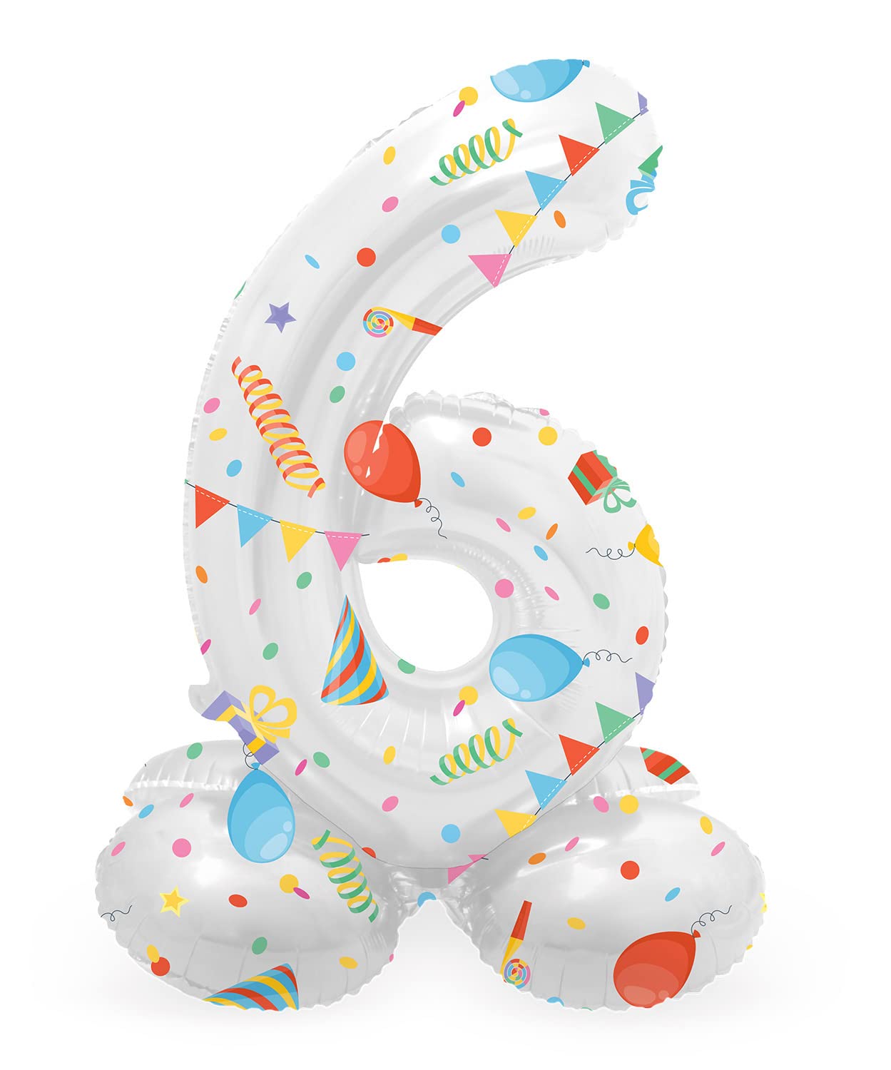 Folat 63966 Birthday Balloon Standing Number 6 Joyful Party White with Gifts and Decoration 72 cm Decoration Birthday Decoration Balloon Number No Helium Required Colourful