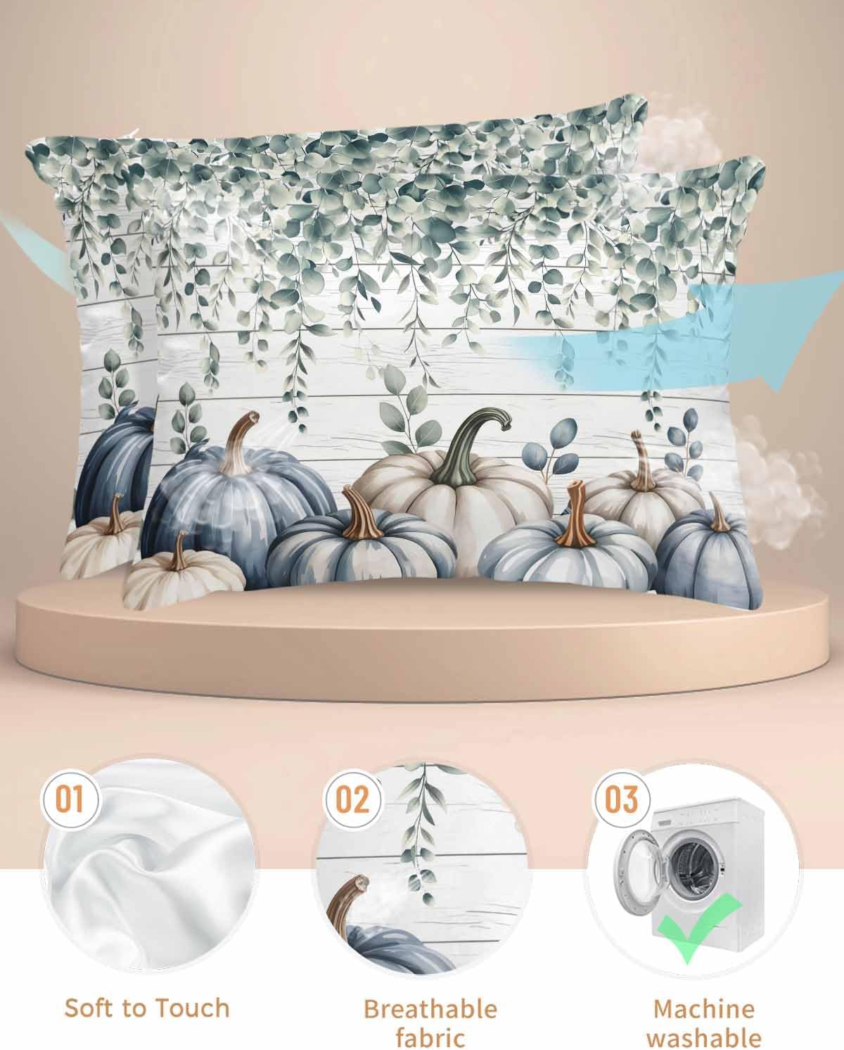 Blue Grey Pumpkins Fall Pillow Cases Queen Size Set of 2, Smooth Satin Pillowcase for Hair and Skin, Thanksgiving Eucalyptus Leaves Cooling Bed Pillow Covers with Zipper, 20x30 Inches