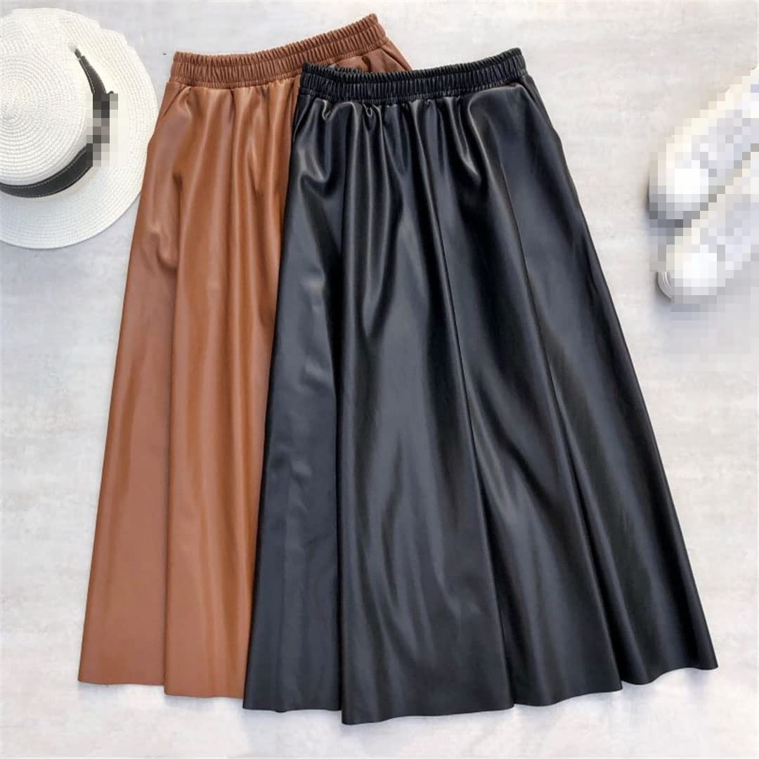 Faldas largas de Piel sintética para Mujer, con Bolsillos, Cintura elástica, Corte en A, Falda Acampanada (Beige, Talla única)