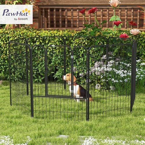 PawHut Welpenlaufstall 8-TLG Welpenauslauf mit 8 Gitterplatten Tür Erdspießen flexibel Schutzplane 100cm hoch Welpengitter Laufstall für Haustiere Hund Katze Welpe Laufgitter für drinnen und draußen