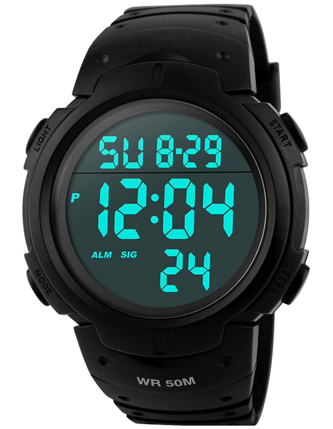 Mens Women Digital Watch Big Dial Light LED Swim Waterproof Rubber Band Alarm Black LED Watches 50MM