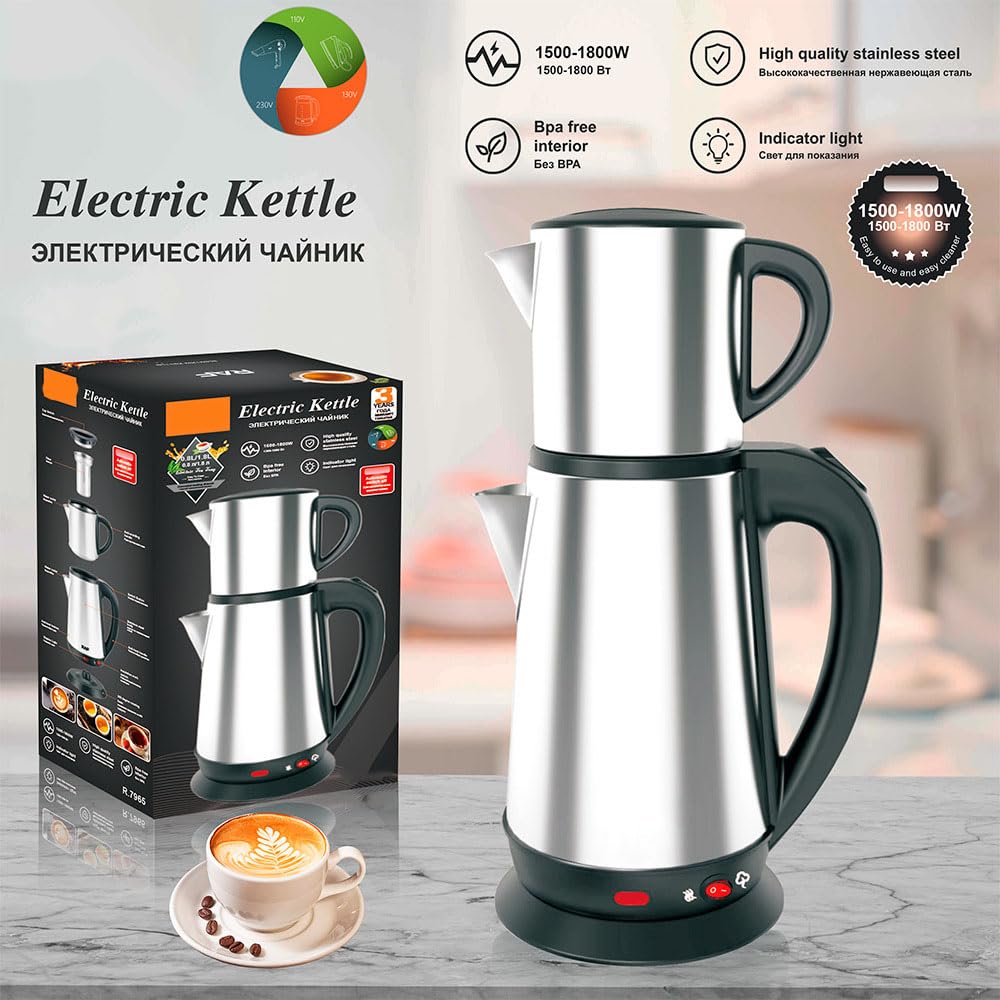 Elektrische Türkische Teehersteller Türkischer Wasserkocher -Set 1L und 2L Türkische Teekanne Edelstahl Schwarz und Kräutertee - Doppelkessel Türkische Teekanne für Zuhause,1800W