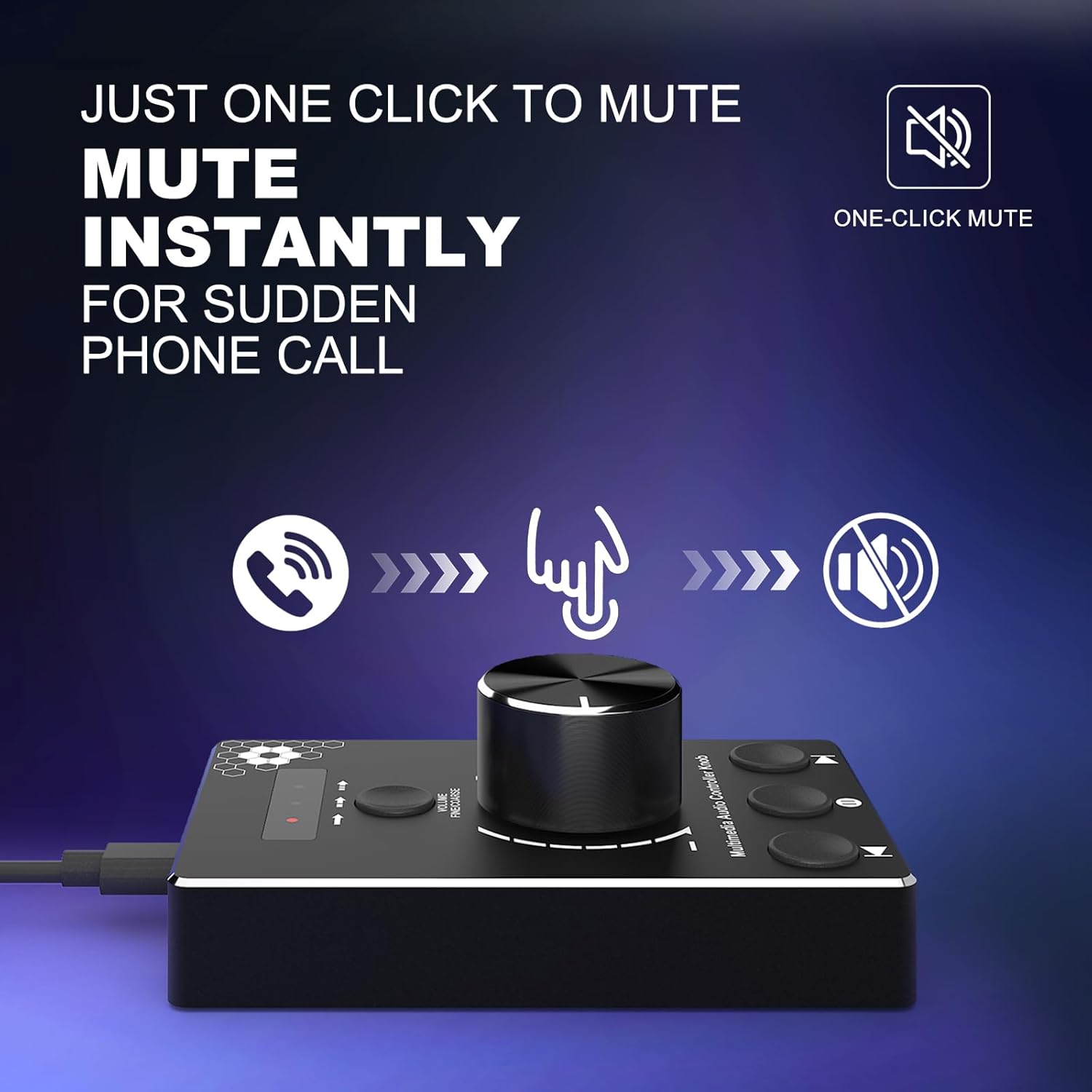 DROK USB Volume Knob with a hand pressing the top to mute audio.